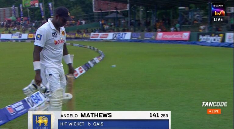 फिर अजीबो-गरीब तरीके से आउट हुए मैथ्यूज़, व्हाइट बॉल पर जड़ा चौका… अंपायर ने भेजा पवेलियन